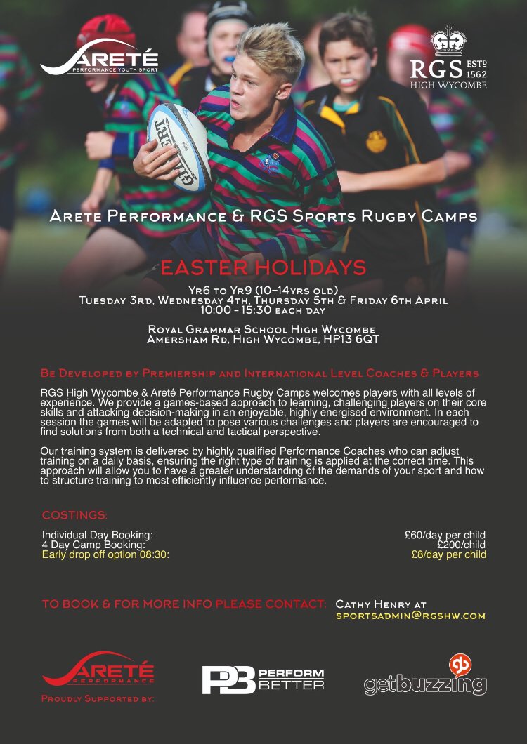 Looking forward to this: #school's #RugbyCamp this #Easter. We're welcoming all #kids in years 6 to 9 to develop their #skills as young #athletes.
For more info & to book get in touch with Cathy at sportsadmin@rgshw.com
Thanks to @performbetteruk @getbuzzing for their support