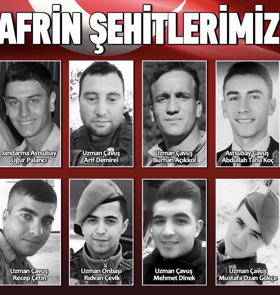 Necrolictr's tweet photo. Jandarma Ast. Uğur Palancı 🇹🇷
Uzman Çvş. Arif Demirel 🇹🇷
Uzman Çvş. Burhan Açıkkol 🇹🇷
Astsubay Çvş. Abdullah Taha Koç 🇹🇷
Uzman Çvş. Recep Çetin 🇹🇷
Uzman Onb. Rıdvan Çevik 🇹🇷
Uzman Çvş. Mehmet Dinek 🇹🇷
Uzman Çvş. Mustafa Ozan Gökçe 🇹🇷
#ŞehitlerÖlmezVatanBölünmez https://t.co/e8qEHiXYDK