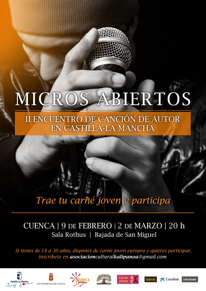 juventudclm's tweet photo. Si quieres mostrar tus dotes de Cantautor/a, @CarneJovenclm dentro del programa de #MicrosAbiertosCLM, pone a tu disposición, en Cuenca, la Sala Rothus. Si eres mayor de 18 y menor de 30 años, consigue tu carné joven y actúa el próximo 2 de marzo. https://t.co/neaSEgK88m. #redsij https://t.co/OgTc1LZMYq