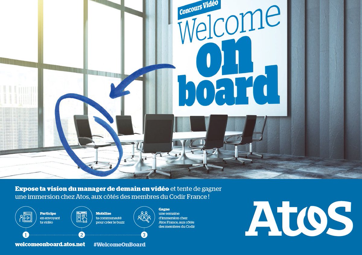 #Concours "Welcome on Board" <a href="/Atos/">Atos</a> : Etudiants, partagez votre vision du #manager de #demain en vidéo. Qui est-il ? Que fait-il ? 
A la clé, une semaine d’#immersion aux côtés des membres du Comité de direction <a href="/Atos/">Atos</a> 👓