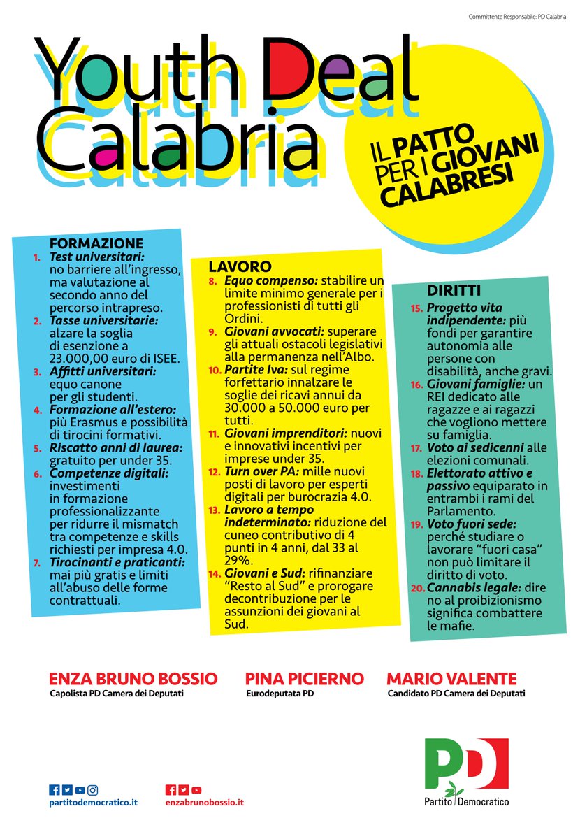 enzabrunobossio's tweet photo. Youth Deal Calabria, un impegno in 20 punti per rispondere alle esigenze dei Giovani. Con Pina Picierno e Mario Valente abbiamo deciso di rispondere a questo appello con un patto che porteremo avanti nella prossima legislatura. #scegliPD #2marzo https://t.co/UU49SiGA8e