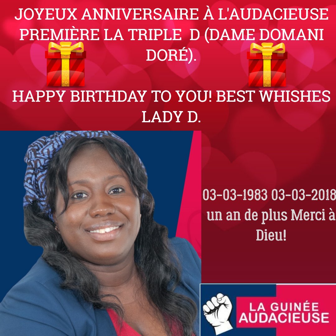 Guin_Audacieuse's tweet photo. Un an de plus nous disons merci à Dieu! Le mois de la femme s'annonce bien pour une dame qui lutte pour le rajeunissement et la féminisation du personnel politique guinéen un "ban" 👏 demain notre présidente fondatrice @domani_dore aura 35ans.
🎂🎁🎉👑 HBD. https://t.co/wNKyJxaI5x
