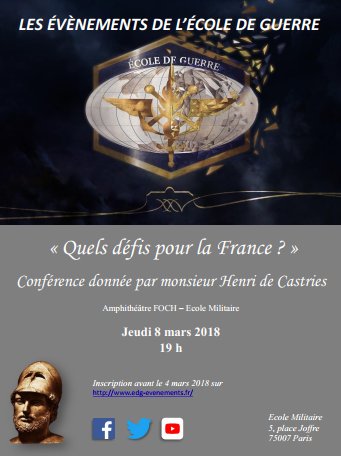 ecoledeguerre's tweet photo. #ÉvénementsEDG
« Quels défis pour la #France ? »
Inscrivez-vous maintenant à la #Conférence de M. Henri de Castries, ex-PDG d’@AXA
Jeudi 8 mars - 19h00
École militaire - Amphi Foch
➡️ https://t.co/ND9Y6gIcVv
#Diriger https://t.co/5KgUZBBshL