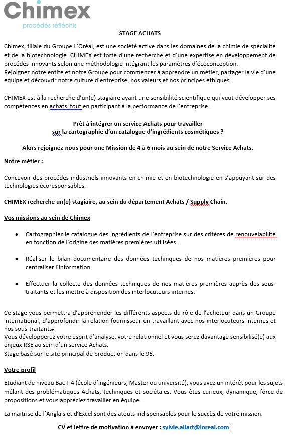 Nos équipes #Achats - #Supply chain recherchent un #stagiaire ! Venez découvrir l'industrie #cosmétique de l'intérieur. #offre de #stage #talent <a href="/lorealtalent/">Djksj</a> contact : sylvie.allart@loreal.com