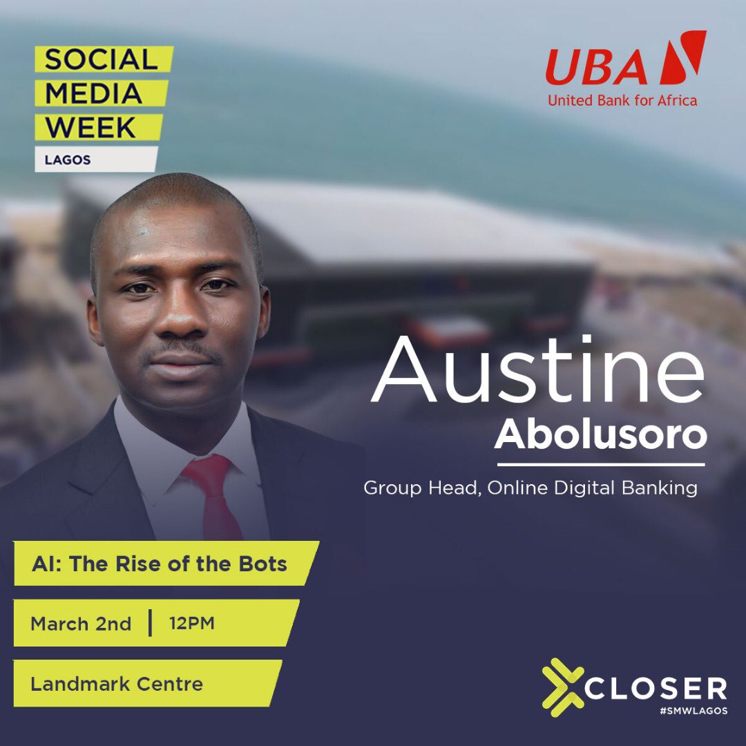 UBAGroup's tweet photo. We are going live in 30mins. Masterclass- AI: Rise of the Bots at @SMWLagos Watch it on instagram. #SocialMediaWeek2018 https://t.co/BMuebFC8e3