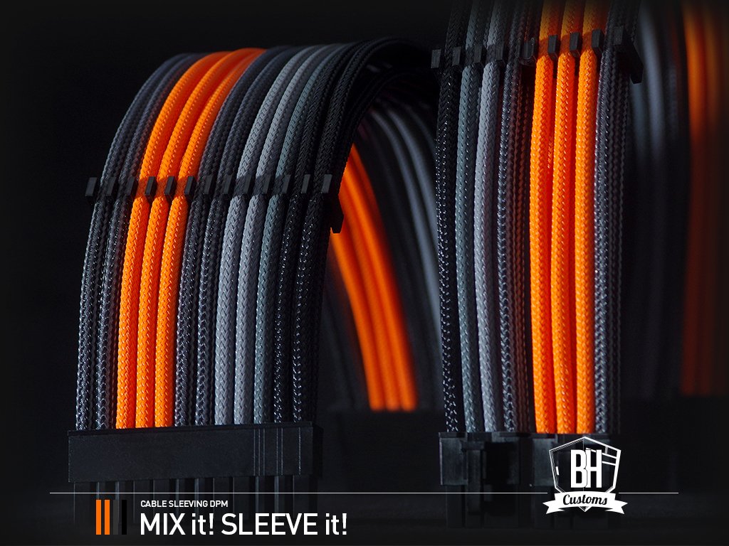 Cableado personalizado #BHCustoms muy completo con cable combs negros abiertos:
24 Pin ATX de 300mm y 8 Pin PCI-E de 400mm con curvatura en 360º
Combianción de Carbono, Orange o'clock, Graphite Grey, Pewter Grey y Ebony Black