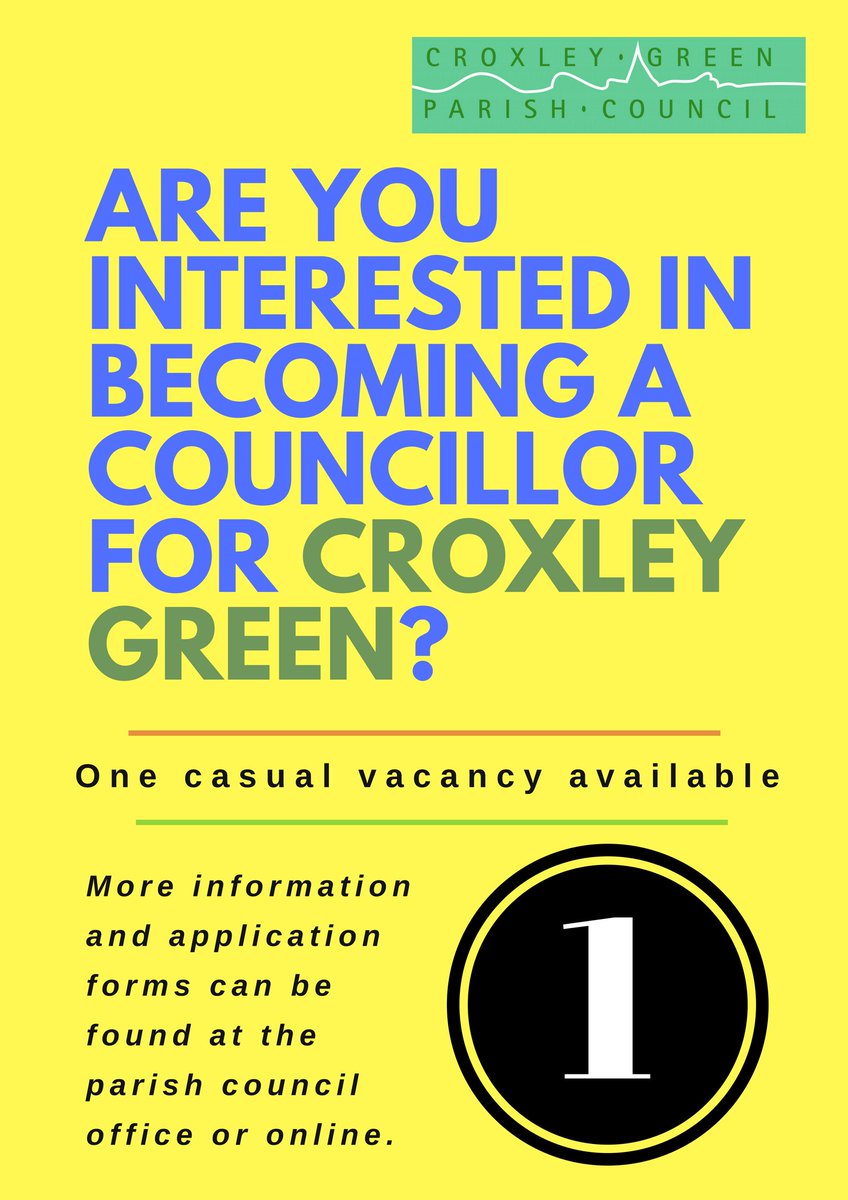 Would you like to represent the residents of Croxley Green &amp; help to improve our village? If so, apply before March 12 to become a Parish Councillor goo.gl/0ZjPO7 #croxleygreen #parishcouncil