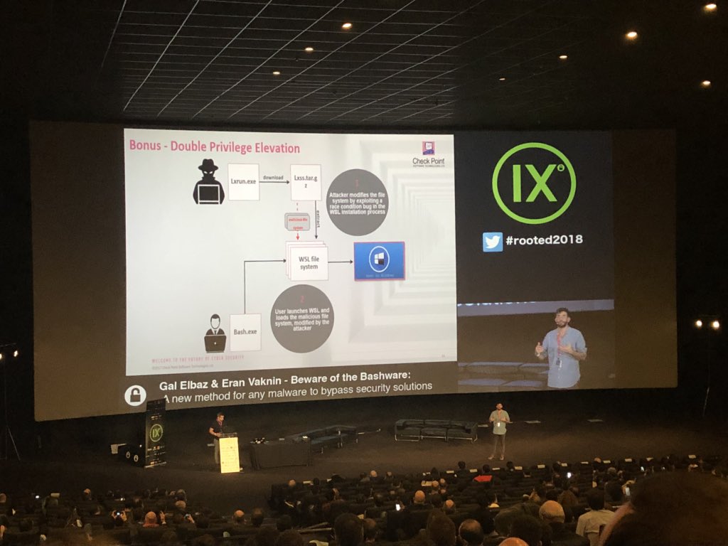 CheckPointSpain's tweet photo. Eran & Gal explican cómo el #malware #Bashware se usa para evadir soluciones de seguridad #rooted2018 #rootedcon https://t.co/7IYoh859X4