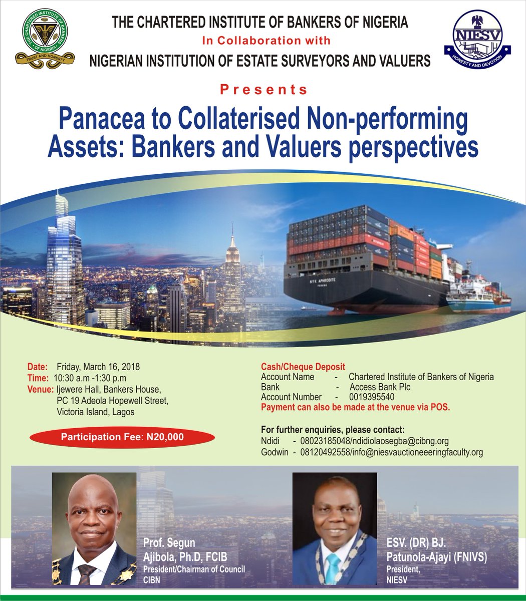 cibnigeria's tweet photo. #CCPDtraining Topic: Panacea to Collaterised Non-Performing Assets: Bankers and Valuers perspective. Date: March 16, 2018. Venue: Banker's House, Adeola Hopewell Street, Victoria Island, Lagos https://t.co/JWA4wWuuT6