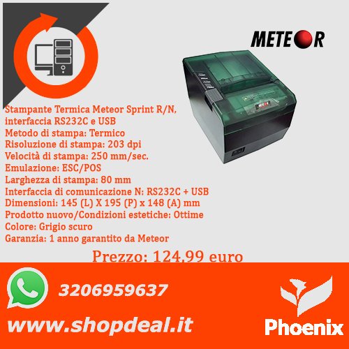 Shopdealpc's tweet photo. Buongiorno a tutti 🙂
Stampante termina Meteor Sprint R/N interfaccia RS232C e USB a 124,99 euro✅
Stampante termica Meteor Srint R/N interfaccia RS232C, USB e Ethernet a 149,99 euro✅
Prodotti nuovi. Per altre info https://t.co/i0lgwR1ZfD
https://t.co/huEKOI5a39 #shopdeal #stamp https://t.co/igsEEL6mIS