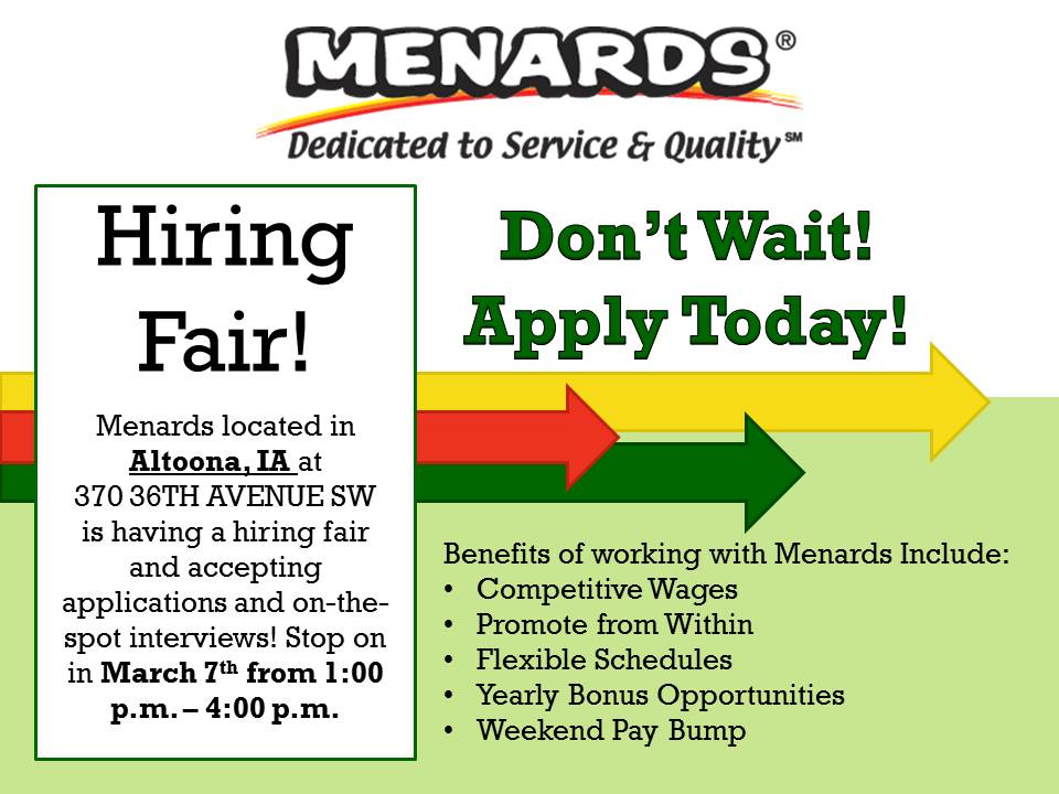 MenardsCareers's tweet photo. Menards in Altoona, IA is hosting a Hiring Fair! Now is a great time to start your career with Menards and be a part of the next big thing! Stop on in to fill out an application or fill one out online today at https://t.co/o1MSD50UHO! We can't wait to see you there! https://t.co/pfS8KgDN0W