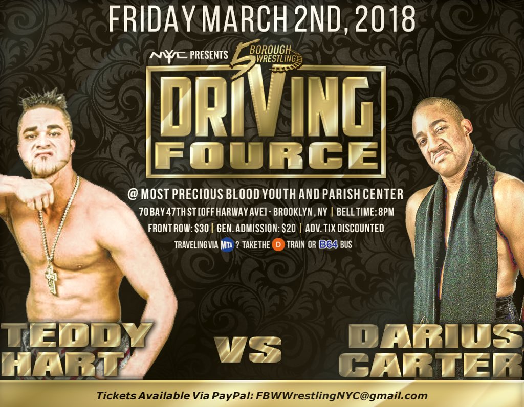 MrDariusCarter's tweet photo. 📻 TONIGHT! 📻

With #DanMaff having to FORFEIT his match with me tonight, I now will be facing @TeddyHartIsBACK for the #1stTimeEver!

I AM the #DrivingFource of @FBW_Wrestling's future. It begins anew in #Brooklyn with the #ReturnOfTheFather, and the Fall of Theodore. #DC https://t.co/bqaOKEBuOK