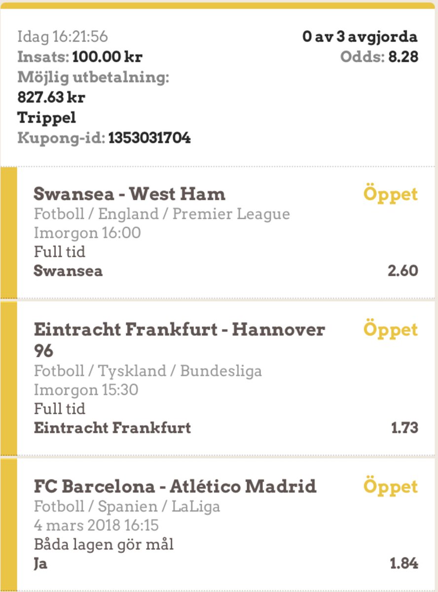 ⚠️Tipster-Trippeln⚠️

RT:a + Följ Bettingstugan (innan lördag 15:25) - Sitter kupongen så drar vi en vinnare som får hela vinstsumman 💰 

Kupongen är framtagen av Veckans Tipster - <a href="/jankkish/">janek bergman</a>👌
Motivering till trippeln: tinyurl.com/ybyoz96z