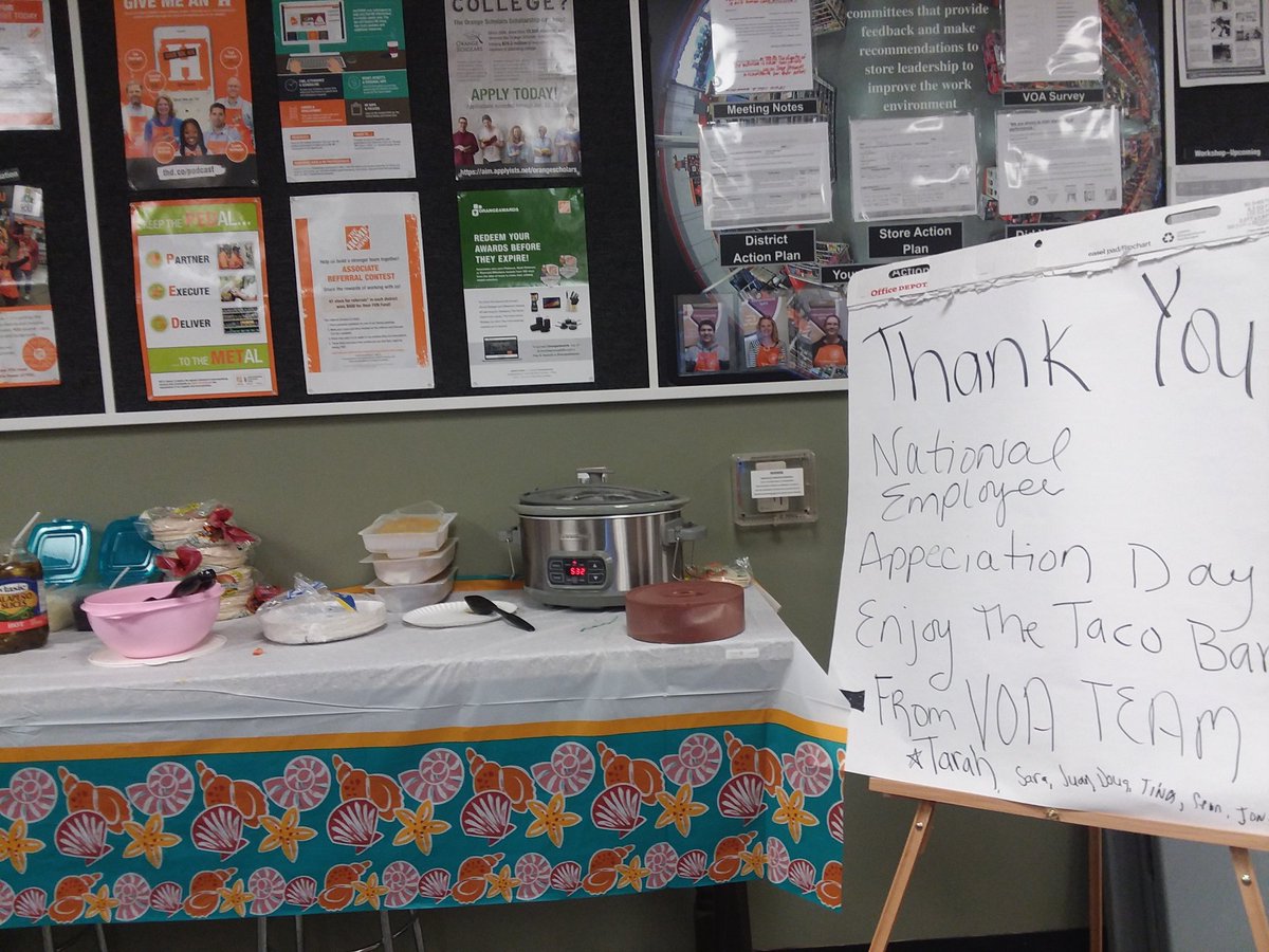 saravalladarez's tweet photo. #2842 national employee appreciation day. taco bar. #VOA @jamesahein  @Cp275Matt @GRHomeDepot2834 @jonmathisenTHD @kstolie @1TransitGeek https://t.co/Et1SZY0gPX