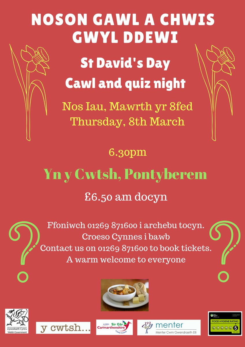 Wythnos brysur gyda ni wythnos nesaf! Croeso i chi ddod i'n noson Gawl a Chwis Nos Iau yr 8fed o Fawrth yn Y Cwtsh. Hefyd fydd noson Pitsa a Phrosecco yng nghwmni <a href="/lanllofft/">Lan Llofft</a> gyda ni ar Nos Wener 9fed o Fawrth yn Y Cwtsh. Croeso i bawb!