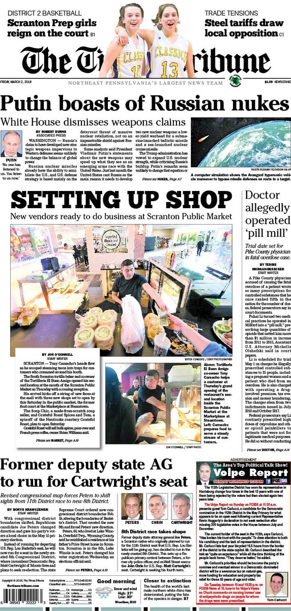 TTRebeccaKivak's tweet image. Today's @timestribune cover: #ScrantonPublicMarket welcomes new vendors from @jon_oc; Pike County doctor allegedly ran "pill mill" by @tmbeseckerTT; Peters to run for Cartwright seat by @BorysBlogTT; #ScrantonPrep girls win District 2 Class 4A basketball championship.