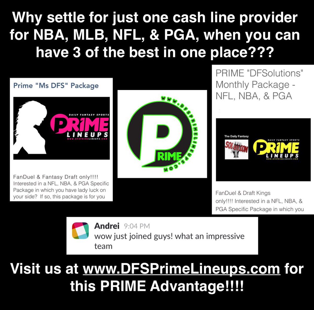 DFSPrimeLineups's tweet photo. Why settle for one provider when you can have 3 of the best at one low price? #NBA #MLB #NFL #PGA simply #dfscash . Join the best & forget the rest as there is no greater value in the #DFS . Go to https://t.co/bfTlDtNeYT to join the team now! Practically #freelineups https://t.co/itIRAGqpBL