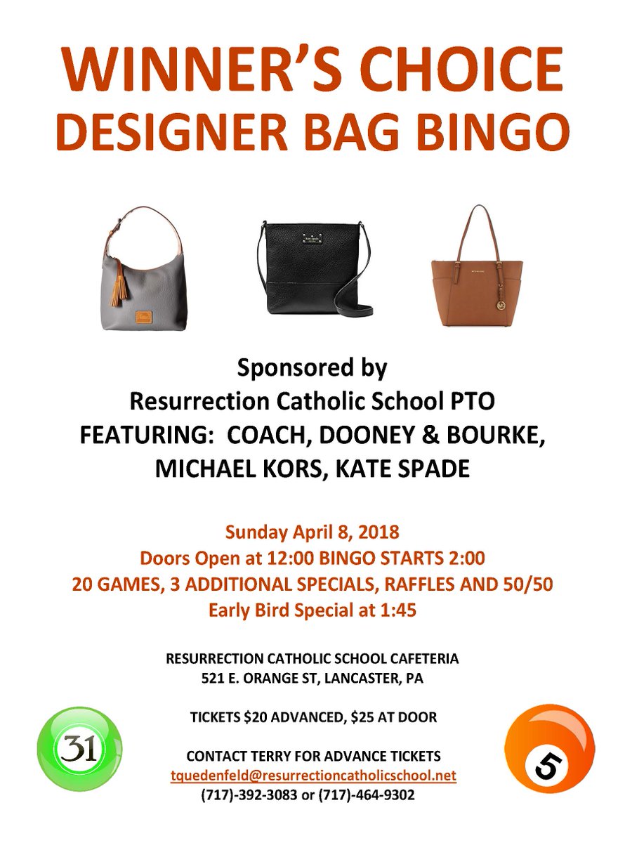 RCSLancaster's tweet photo. Feel lucky? Buy tickets now for this Winner's Choice Designer Bag Bingo April 8 at the school. Details are on the flyer, but you should know about the great food and prizes here, too. Call now for a discounted price - 717-392-3083. https://t.co/x9PhvjaZbE