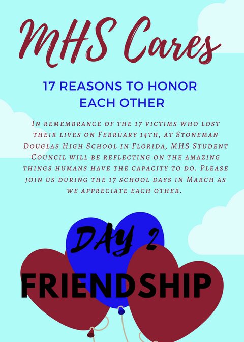 MHS_StdntCncl's tweet photo. We know there’s no school but would like to keep our campaign going. Today is about friendship. Our ability to connect with each other is another thing that makes us special.  Post a pic with a friend you haven’t seen in awhile #MHSCares https://t.co/9AiTjFV1Dt