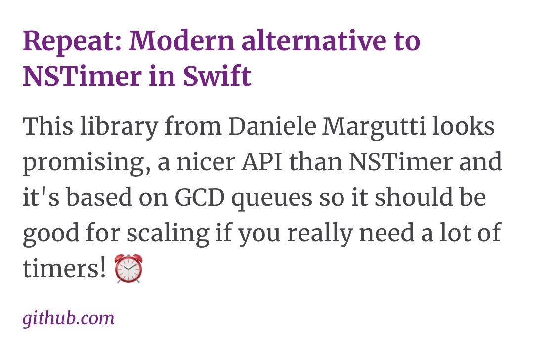 danielemargutti's tweet image. Glad to see Repeat on #iOSDevWeekly this week! Thank @iOSDevWeekly iosdevweekly.com/issues/341 #swiftlang #iosdev