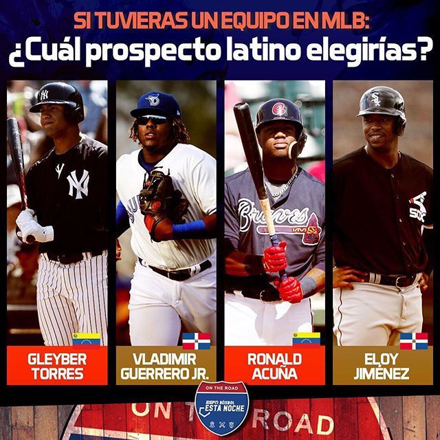 ESPN_Beisbol's tweet photo. A ver, si pudieran, ¿a cuál elegirían? 😎
-@TorresGleyber
-Vladimir Guerrero Jr.
-Ronald Acuña Jr.
-Eloy Jiménez
#PrimaveraESPN 🔥⚾️ https://t.co/5j3PWZAygV