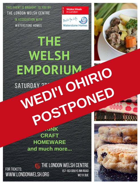 LondonWelshCCLL's tweet photo. Due to bad weather conditions and despite our best efforts, we regret to inform you that we have had to postpone The Welsh Emporium in association with @WaterstoneUK.  New date announced soon.  @walesweeklondon @WythnosCymLlun https://t.co/j3JcGys53H
