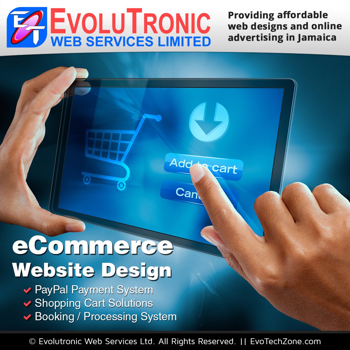 Evolutronic's tweet photo. eCommerce Website Design - starting at $15,500 JMD
Great for starting a business online and providing 24/7 automated sale of products/services. https://t.co/9tIo3J35ZE
#EvoTechZone #Jamaica #WebsiteDevelopment #SEO #OnlineAdvertising #GraphicDesign #SocialMediaMarketing https://t.co/V3vBErBSQ2