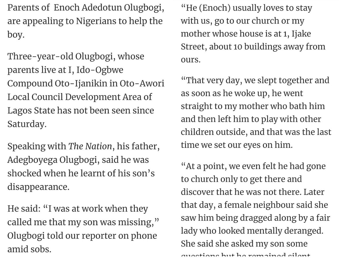 d_problemsolver's tweet photo. 📣📣MISSING CHILD!!!📣📣
3-year-old Enoch Olugbogi was last seen with a fair lady who looked mentally deranged.

Location ➡ Ijakin Lagos
Last seen ➡ Last Saturday

Kindly RT🙏 https://t.co/fBBQBT7R7Q