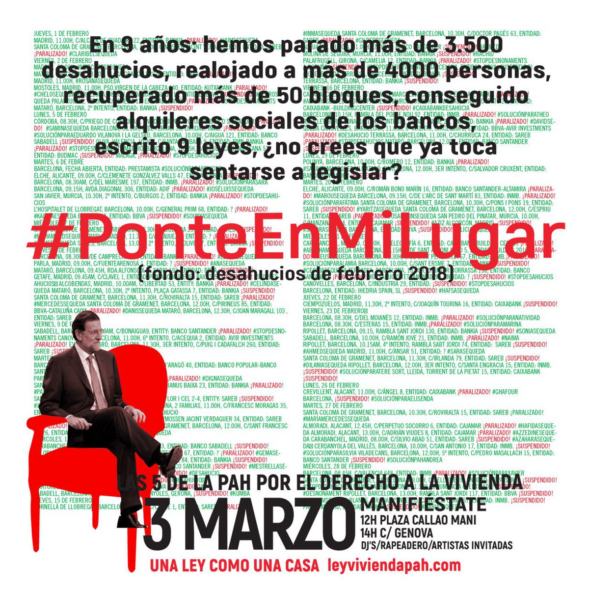 PAH_Arganda's tweet photo. Llevamos años haciendo vuestro trabajo... ahora es vuestro turno... @marianorajoy @PPopular @CiudadanosCs @Albert_Rivera #PonteEnMiLugar y tramita la #LeyViviendaPAH ... #YoVoy3M https://t.co/jyP0uSeciZ