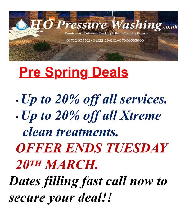 Not long left to secure your pre Spring Deals, contact us for more information and visit our Facebook page H2o Pressure Washing
