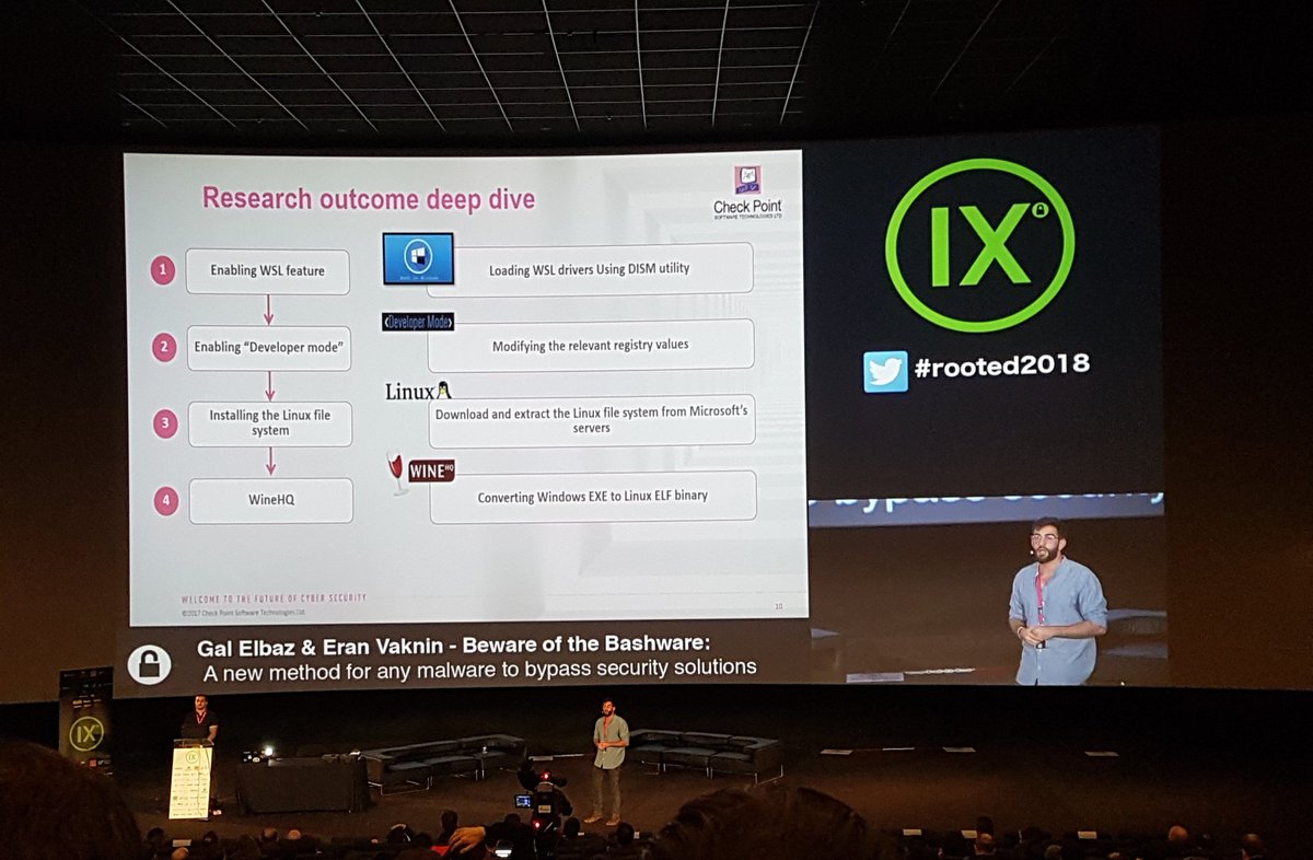 rockajansky's tweet photo. Amazing talk about #Bashware: linux malware execution in WSL windows environment by @CheckPointSpain security experts Gal Elbaz y Eran Vaknin in #rooted2018 https://t.co/gWifdYtNRz