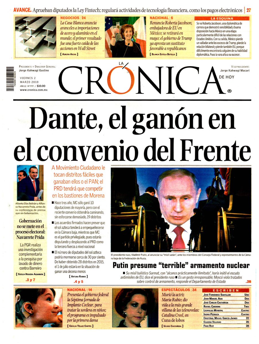 LuisCardenasMx's tweet photo. #PrimerasPlanas 🗞️ 02 de marzo de 2018 #LaPrimeradeMVS (3) https://t.co/onRvU9OuHL