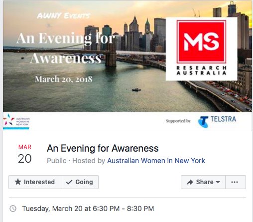 AUWomenNYC's tweet photo. JOIN US - ALL WELCOME: An Evening for Awareness in #NYC to learn of incredible work by MS Research Australia @MSResearchAust at @BluestoneLane Mar 20, free event hosted by AWNY &amp; @Telstra @AussiesInNY 
#NYCEvents #Free #MSResearch, RSVP here: https://t.co/8q3o3i74HY https://t.co/u4GxZGPZz1