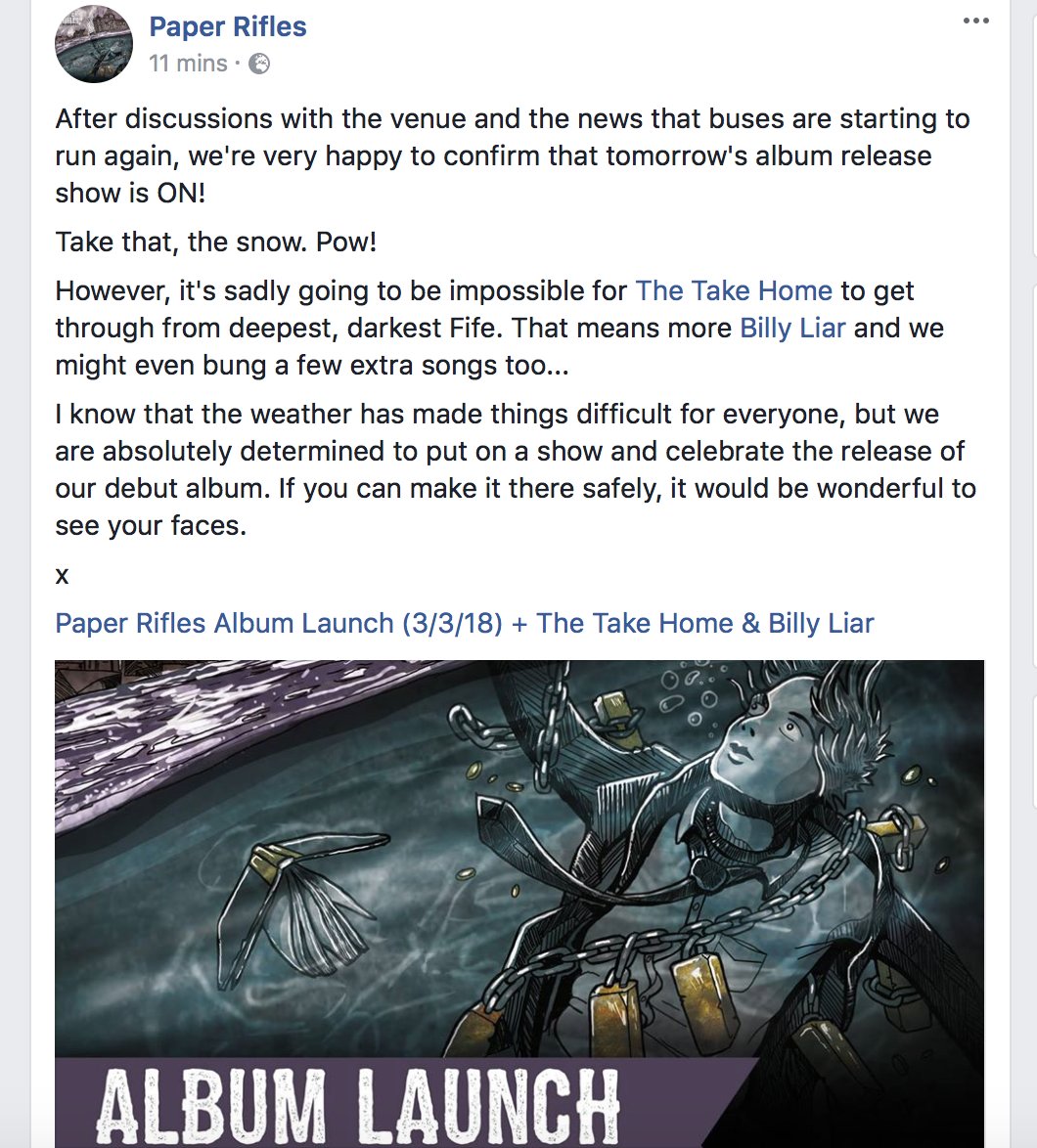 Despite the crappy weather, the album launch is ON!

Make sure you travel safely, but we're not going to let a bit of snow stop us. Raar!