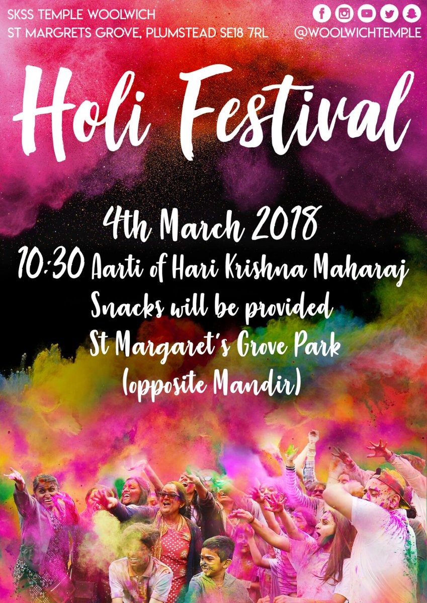 WoolwichTemple's tweet photo. Holi - the arrival of Spring, the end of Winter, a festive day to meet others, play and laugh. We should forgive and forget and fill each other’s lives with the beautiful colours of Holi. 

Join us to celebrate - Sunday 4th March

#Holi18 #SKSSTWoolwich https://t.co/vhuzcannZv
