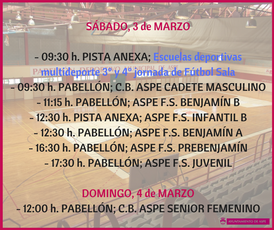 aytoaspe's tweet photo. Estos son los horarios en nuestras dependencias deportivas, todos atentos al derby del domingo entre la Coca C.F. y el Aspe F.C. #Aspe #deportes https://t.co/CaZE2nKf1k