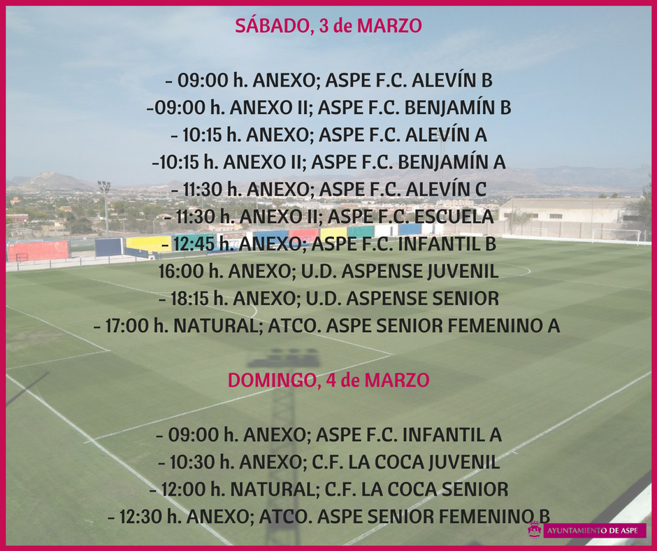 aytoaspe's tweet photo. Estos son los horarios en nuestras dependencias deportivas, todos atentos al derby del domingo entre la Coca C.F. y el Aspe F.C. #Aspe #deportes https://t.co/CaZE2nKf1k