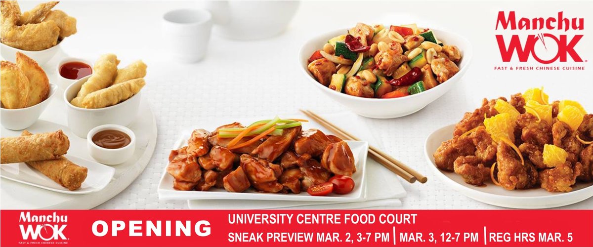 MemorialU's tweet photo. Fast and fresh Chinese cuisine is now available at the UC! Drop by for a sneak preview today from 3-7 p.m. Manchu Wok will also be open on Saturday from 12-7 p.m. Regular hours for March begin next week! https://t.co/SB8PIOFVfk