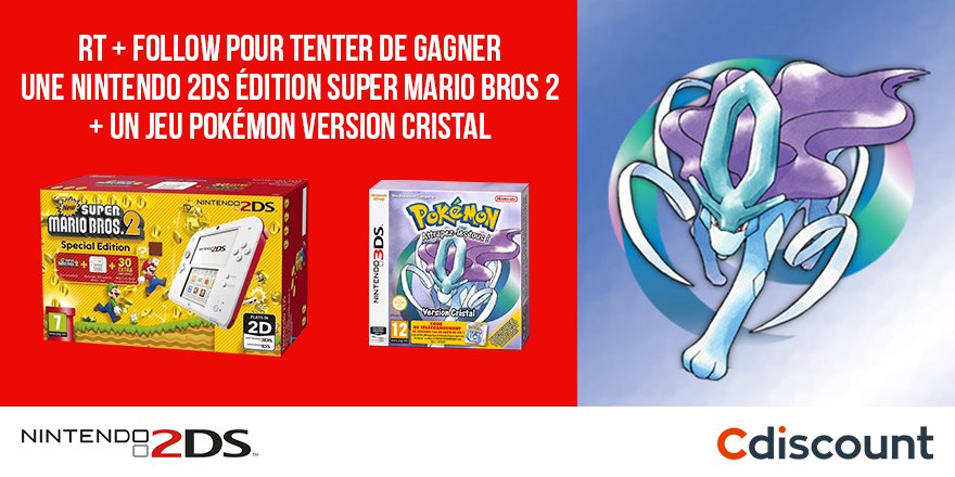 Cdiscount's tweet photo. #Concours 

À gagner : Nintendo 2DS Super Mario Bros 2 + Pokemon version Cristal à gagner > https://t.co/iyKo4ljAwZ  

✅Pour participer : RT + Follow @Cdiscount

🗓TAS 08/03 https://t.co/8KYFWvDfBI