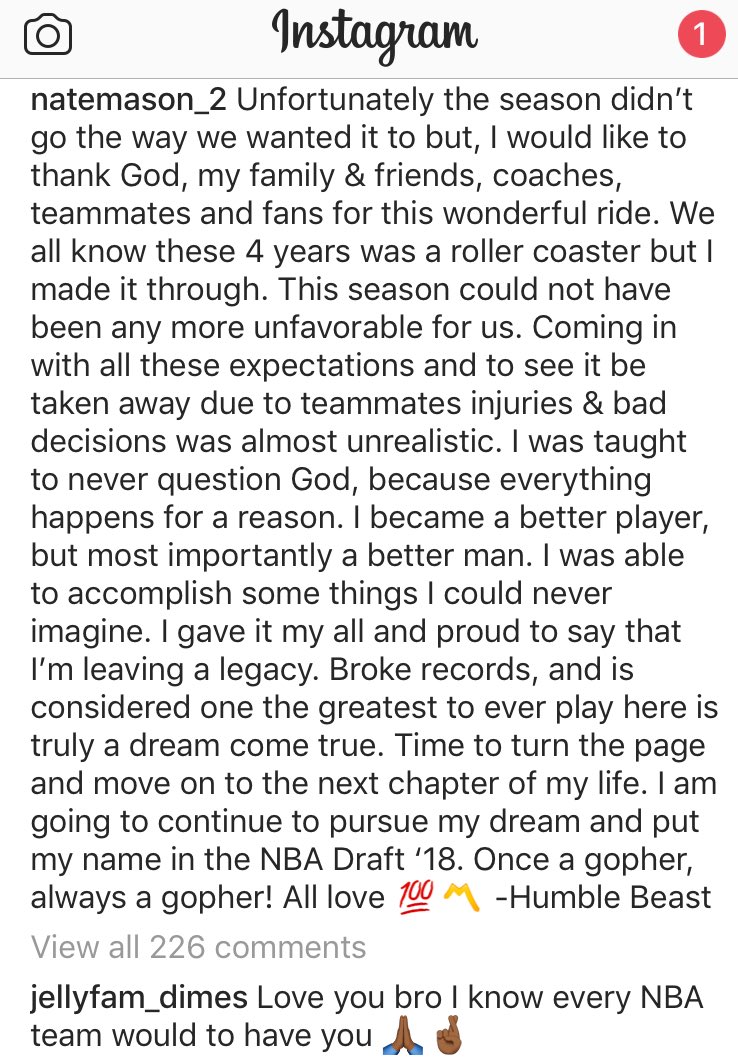 Marcus_R_Fuller's tweet photo. Four years of Nate Mason weren’t enough. An All-time great #Gophers guard reflects on his SR season &amp; college career via Instagram post. #HumbleBeast 🏀〽️💯 https://t.co/byVUvprLQC