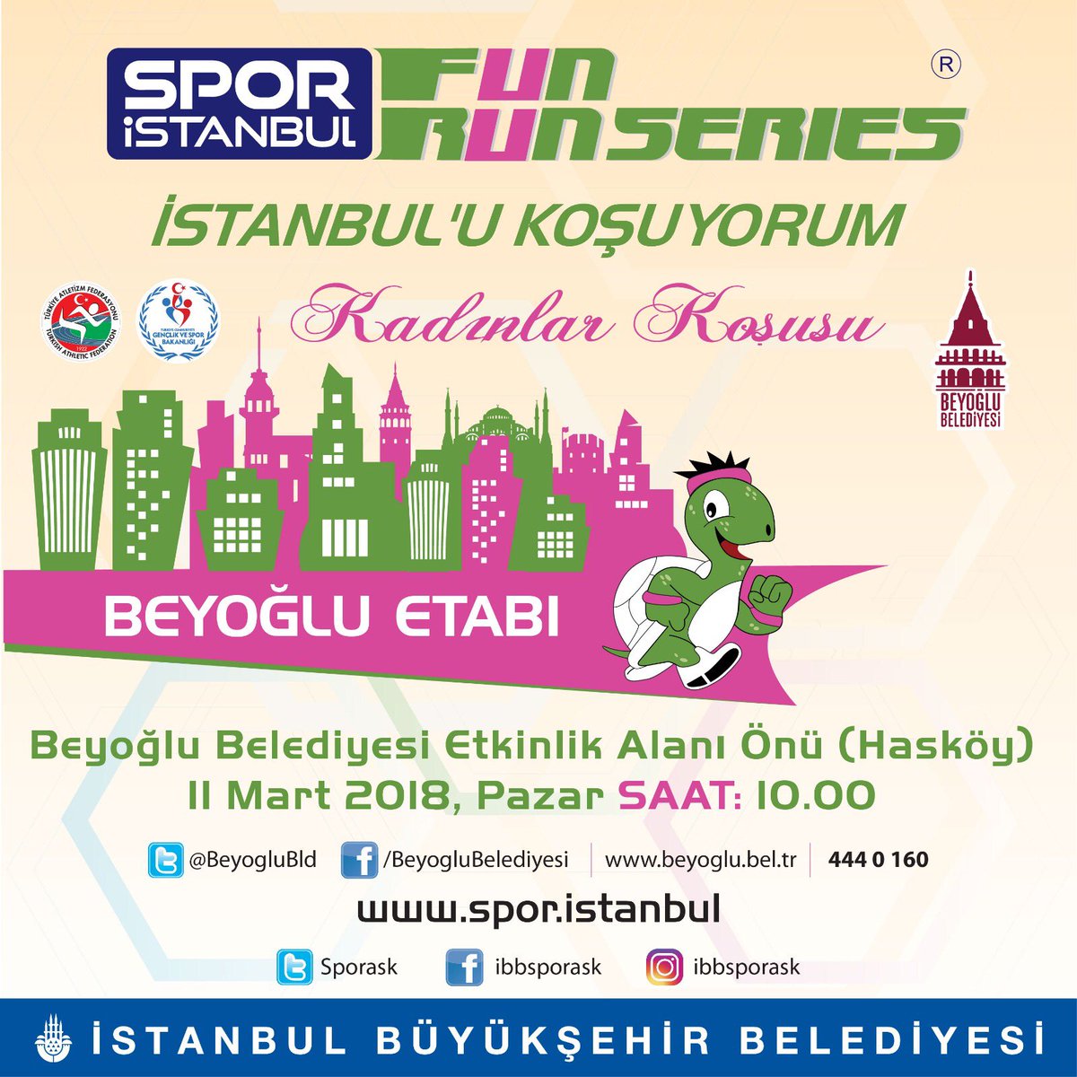 CozumBeyoglu's tweet photo. 11 Mart Pazar günü saat 10.00'da Beyoğlu Belediyesi Hasköy Etkinlik Alanı önünden 
​başlayacak​ olan 3 Km'lik Beyoğlu Kadınlar Koşusu'na sizi de bekliyoruz. Başvurunuzu, 9 Mart Cuma gününe kadar Semt Konakları’ndan ya da Gençlik Merkezi’nden yapabilirsiniz. @AhmetMisbah https://t.co/7lS4bKVwLV