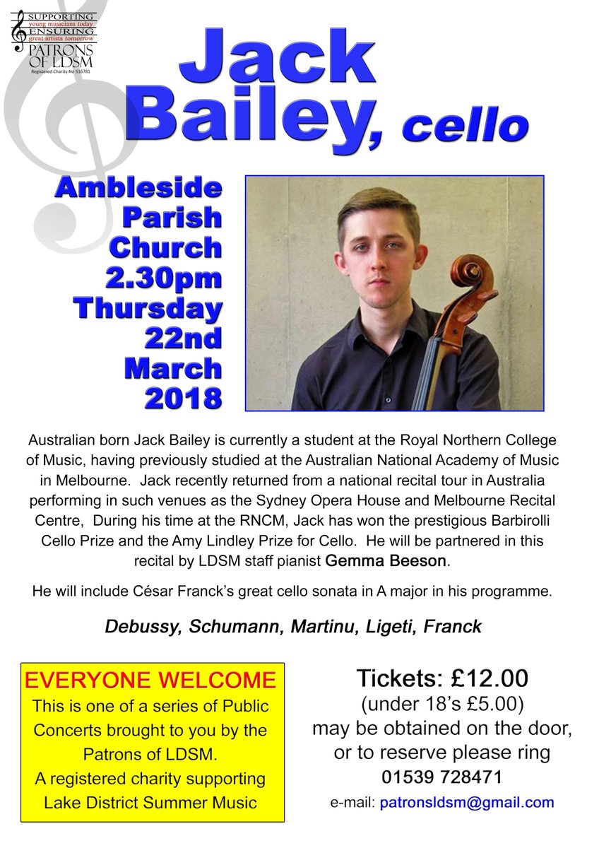 lakesmusic's tweet photo. The next concert in the Patrons of LDSM concert series is rising star Jack Bailey (cello) and festival favourite @gemmabeeson (piano) on  Thursday 22nd March.  Looking forward to it already! https://t.co/E0a6GAkEuP