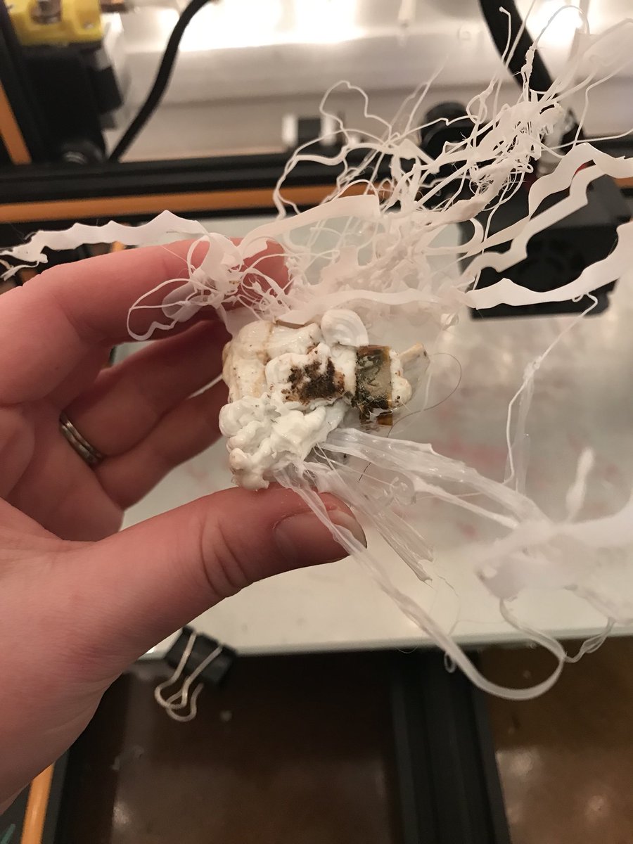 toriroz's tweet image. All hail the spaghetti monster. This is why 3d printing isn’t mainstream yet. This is what I had to show for 10hrs into the next piece of the mask. #totesmahsuit #3dprintingfail