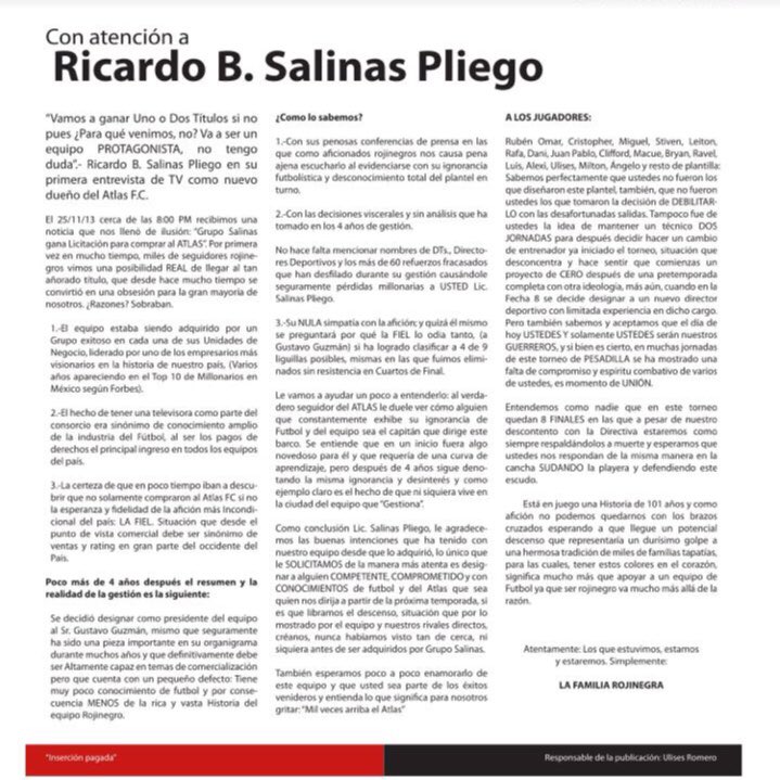 Hoy en @canchamural la afición rojinegra se manifiesta <a href="/RicardoBSalinas/">Don Ricardo Salinas Pliego</a> tendrá que tomar desiciones en el <a href="/atlasfc/">Atlas FC</a>