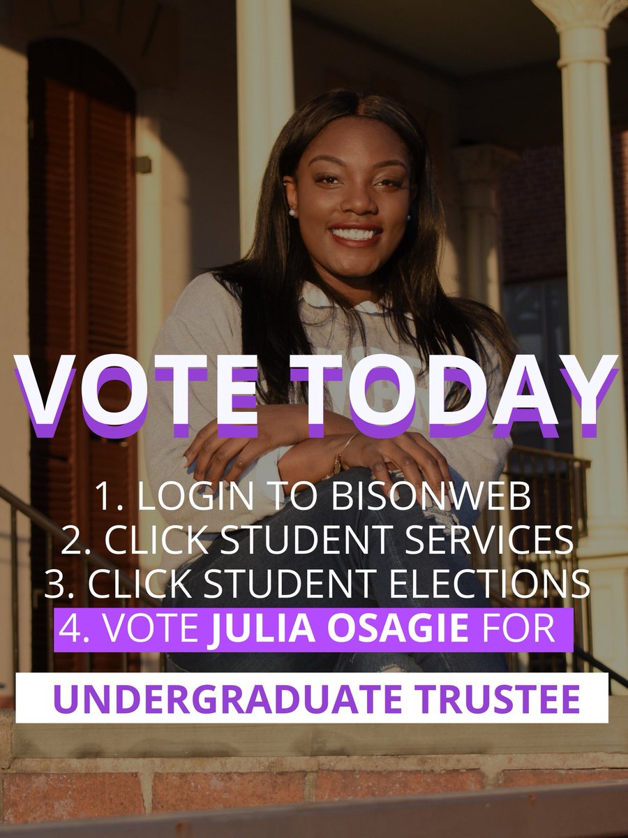 iammsjacksonn's tweet photo. VOTE TODAY!!! OSAGIE FOR UNDERGRADUATE TRUSTEE!!! #FORTIFYHU #SecureTheLegacy https://t.co/d2K7wOoC9J