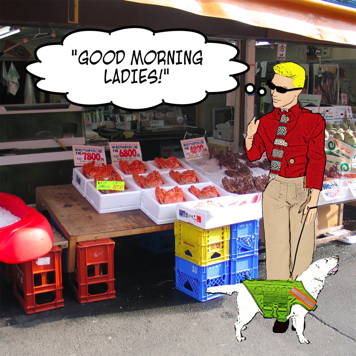 plasticpam's tweet photo. Ken! #rude #humour #fish #fishstall #guidedog #blind #heightenedsenseofsmell #labrador #cartoon #art #popart #comic #dogs #ladies #foodie #FishFriday https://t.co/IWHuLsXsTA