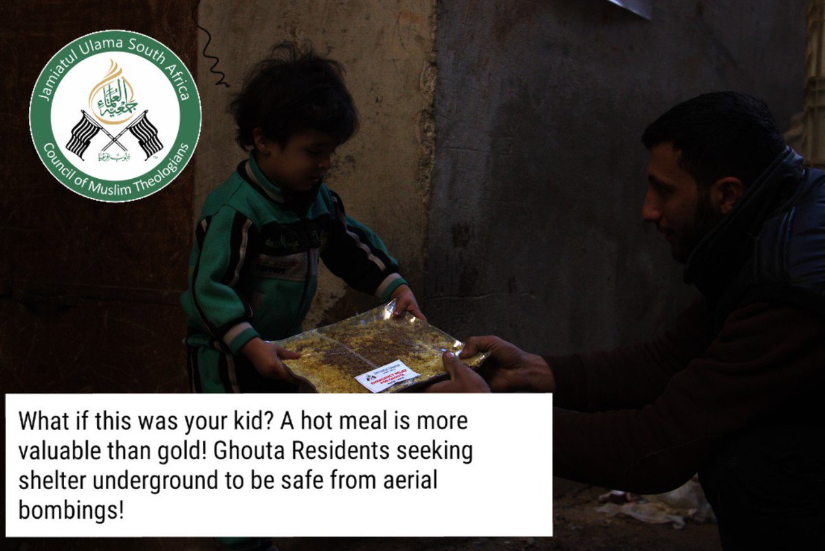 Jamiatsa's tweet photo. Help @Jamiatsa provide hot meals to the besieged people of #Ghouta 

Account: Jamiatul Ulama South Africa - Relief 
Nedbank: 1953 285 937 BR Code: 195 305 
Ref: Syria Ghouta (Your Name - Zakah /Lillah) Email Proof to finance@jamiatsa.org https://t.co/9raw2QY51s