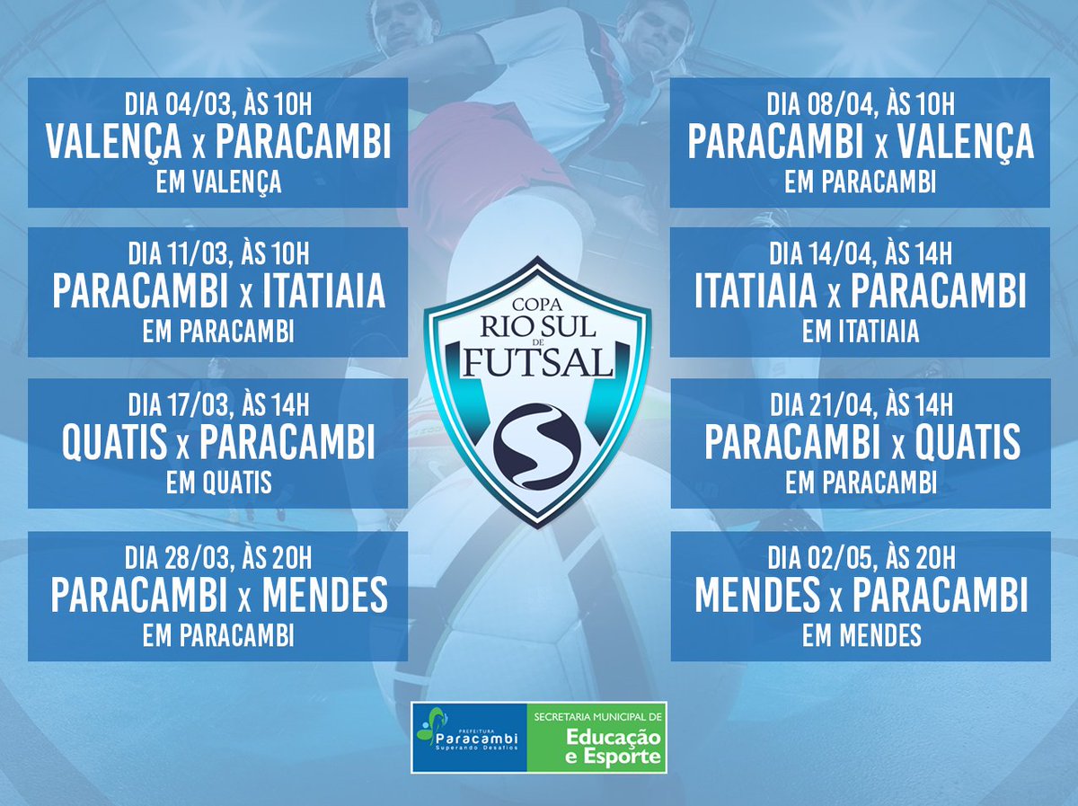 Pref_Paracambi's tweet photo. A Copa Rio Sul de Futsal começa este final de semana e nosso time promete dar um show de bola nos jogos. Aqui em Paracambi as competições acontecerão no GRESP. Veja o calendário das partidas e vai preparando a vuvuzela! https://t.co/jToDNEGEzn