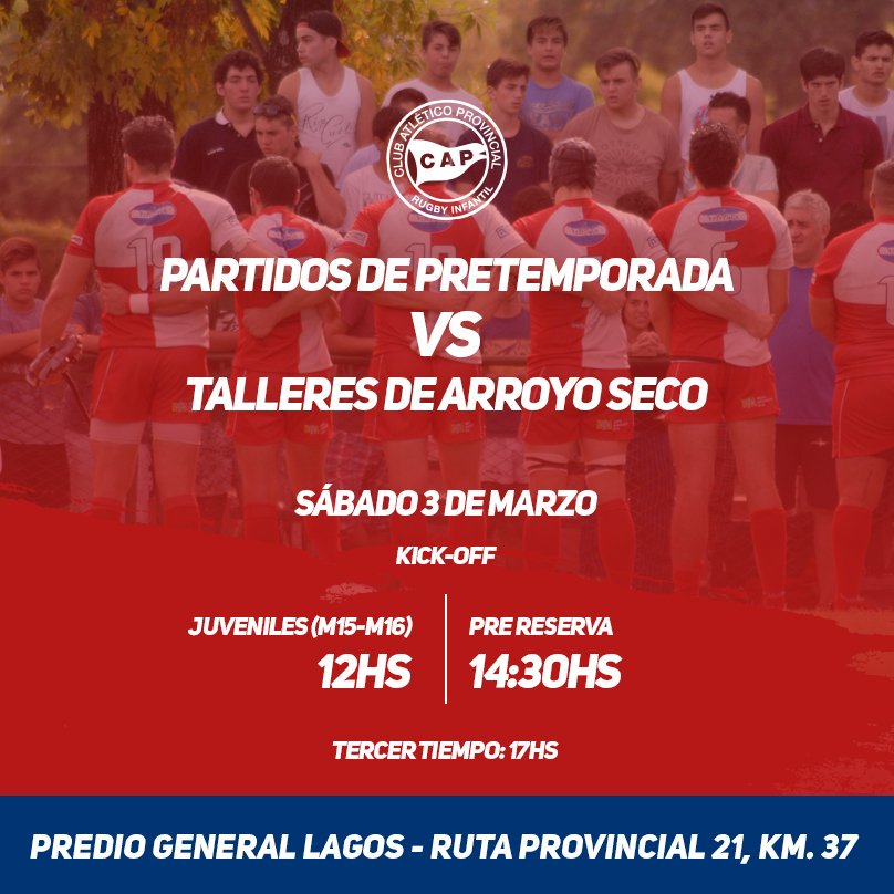 CAP_Rugby's tweet photo. Te esperamos este sábado 3 de marzo en el predio de General Lagos, para alentar a nuestro equipo. Partido de pretemporada donde jugarán juveniles (M15 y M16) y pre Reserva. 
Te esperamos junto a la familia de rugby de provincial.

 #provindemivida #prediolagos Club https://t.co/8NkknuHSfm