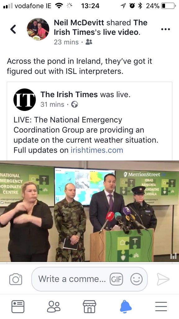leesonl's tweet photo. @tcdalumni Vanessa O’Connell, graduate of @tcdslscs @CDSTCD & @cisli_ireland member at work @emergencyIE #IrishSignLanguageInterpreters #ISL #1ntSL #YestoISL @SenatorMarkDaly @FinianMcGrathTD https://t.co/6KongV0aEp